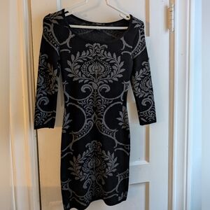 F21 Black knit mini dress with half sleeves and ornate baroque style print